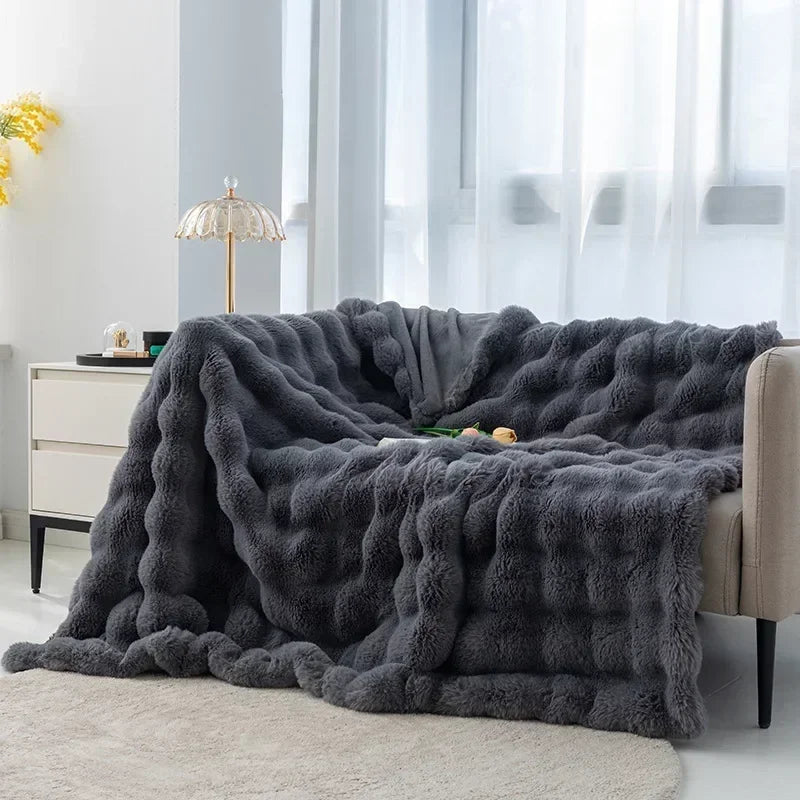 Soft and Warm INS Blanket for Bed Office Anti-rabbit Fur Double-sided Thick Winter Quilt 2024 Bubble Plush Pillowcase Explosive