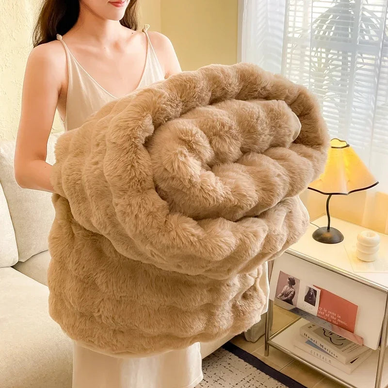 Milk Velvet Bubble Rabbit Plush Blanket Light Luxury Double-sided Coral Flannel Blanket Nap Sofa Travel Airplane Office Blanket