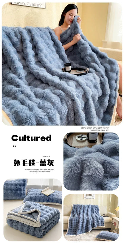 Milk Velvet Bubble Rabbit Plush Blanket Light Luxury Double-sided Coral Flannel Blanket Nap Sofa Travel Airplane Office Blanket