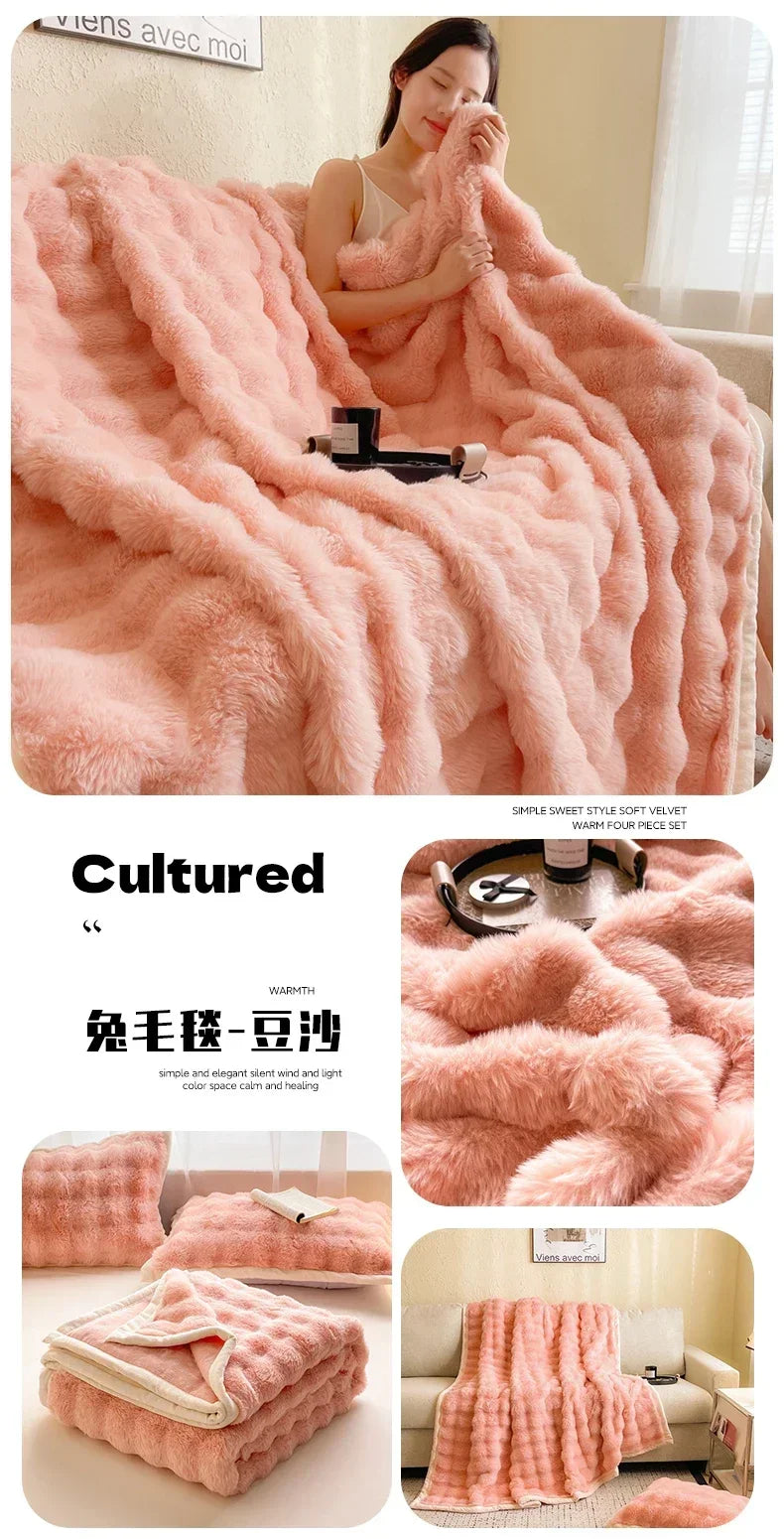 Milk Velvet Bubble Rabbit Plush Blanket Light Luxury Double-sided Coral Flannel Blanket Nap Sofa Travel Airplane Office Blanket