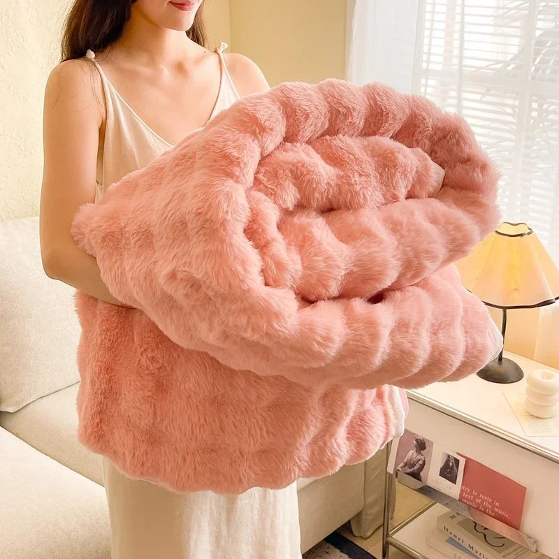 Milk Velvet Bubble Rabbit Plush Blanket Light Luxury Double-sided Coral Flannel Blanket Nap Sofa Travel Airplane Office Blanket