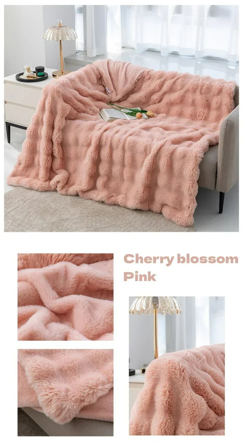 Soft and Warm INS Blanket for Bed Office Anti-rabbit Fur Double-sided Thick Winter Quilt 2024 Bubble Plush Pillowcase Explosive