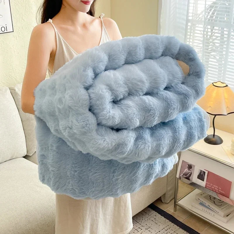 Milk Velvet Bubble Rabbit Plush Blanket Light Luxury Double-sided Coral Flannel Blanket Nap Sofa Travel Airplane Office Blanket