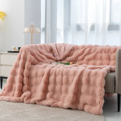 Soft and Warm INS Blanket for Bed Office Anti-rabbit Fur Double-sided Thick Winter Quilt 2024 Bubble Plush Pillowcase Explosive