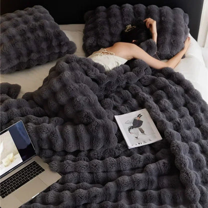 Soft and Warm INS Blanket for Bed Office Anti-rabbit Fur Double-sided Thick Winter Quilt 2024 Bubble Plush Pillowcase Explosive