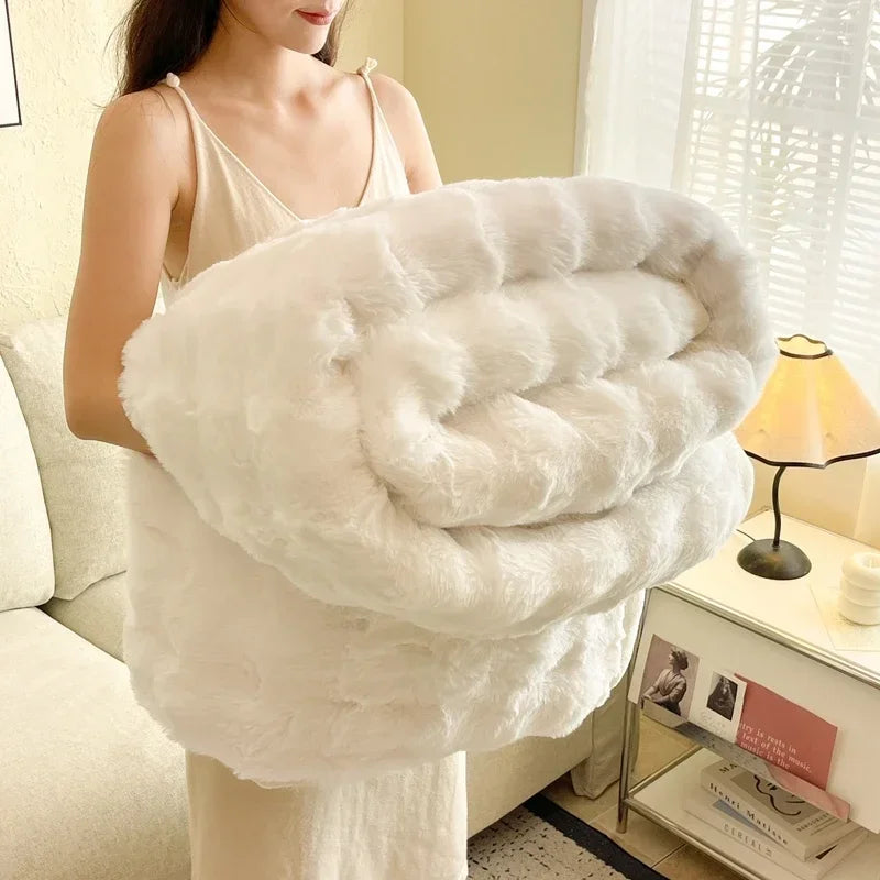 Milk Velvet Bubble Rabbit Plush Blanket Light Luxury Double-sided Coral Flannel Blanket Nap Sofa Travel Airplane Office Blanket