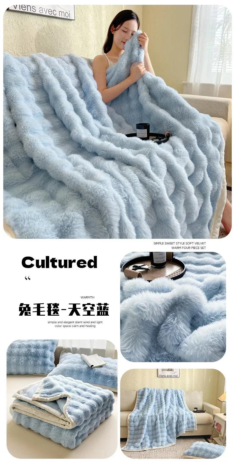 Milk Velvet Bubble Rabbit Plush Blanket Light Luxury Double-sided Coral Flannel Blanket Nap Sofa Travel Airplane Office Blanket