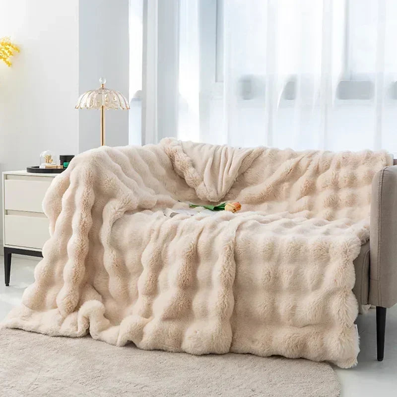 Soft and Warm INS Blanket for Bed Office Anti-rabbit Fur Double-sided Thick Winter Quilt 2024 Bubble Plush Pillowcase Explosive